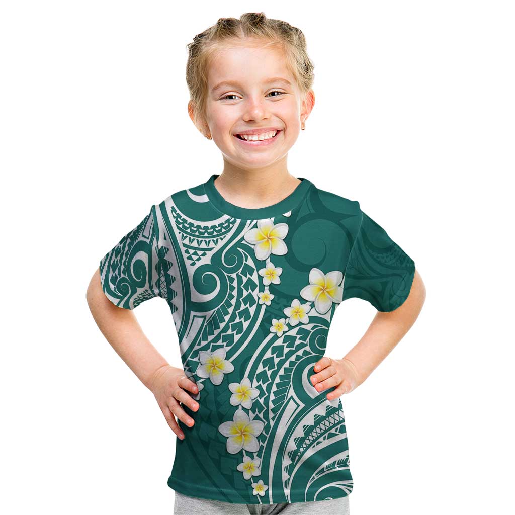 Plumeria With Teal Polynesian Tattoo Pattern Kid T Shirt