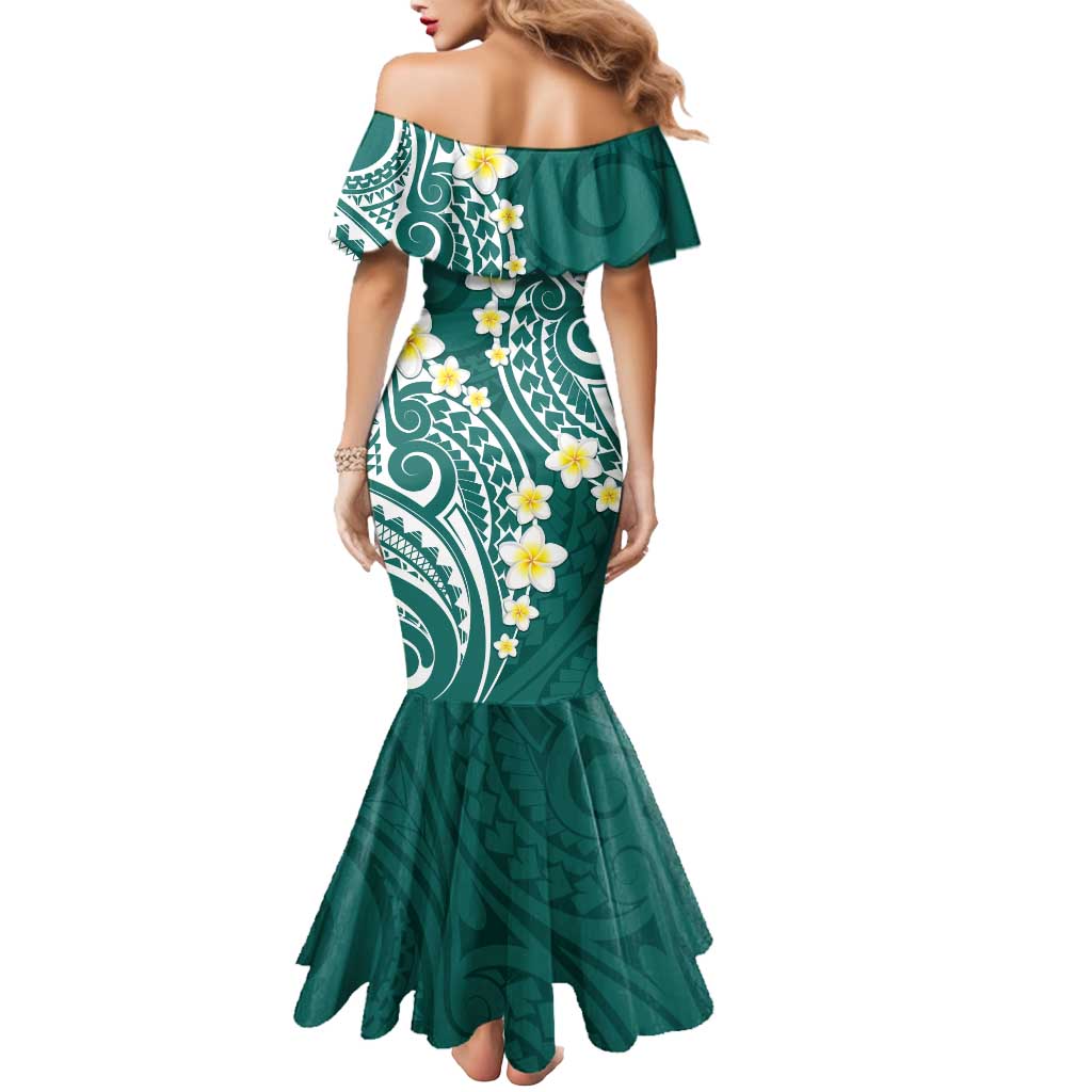 Plumeria With Teal Polynesian Tattoo Pattern Mermaid Dress LT05 - Polynesian Pride