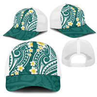Plumeria With Teal Polynesian Tattoo Pattern Mesh Trucker Cap - Polynesian Pride