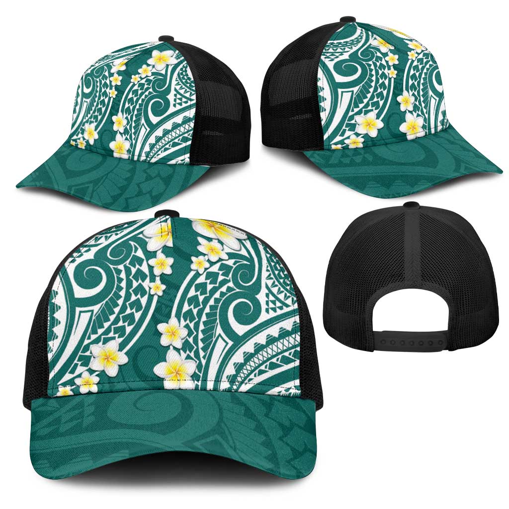 Plumeria With Teal Polynesian Tattoo Pattern Mesh Trucker Cap - Polynesian Pride