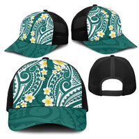 Plumeria With Teal Polynesian Tattoo Pattern Mesh Trucker Cap - Polynesian Pride