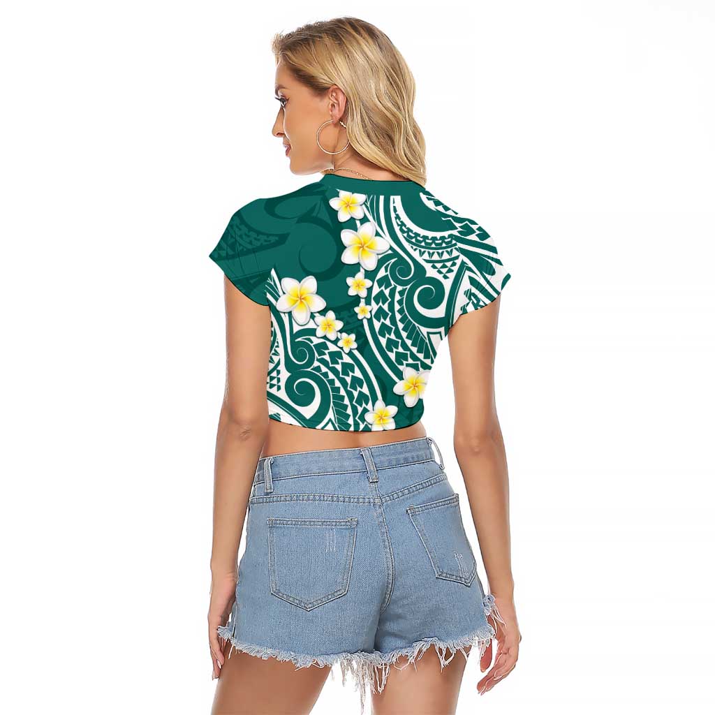 Plumeria With Teal Polynesian Tattoo Pattern Raglan Cropped T Shirt