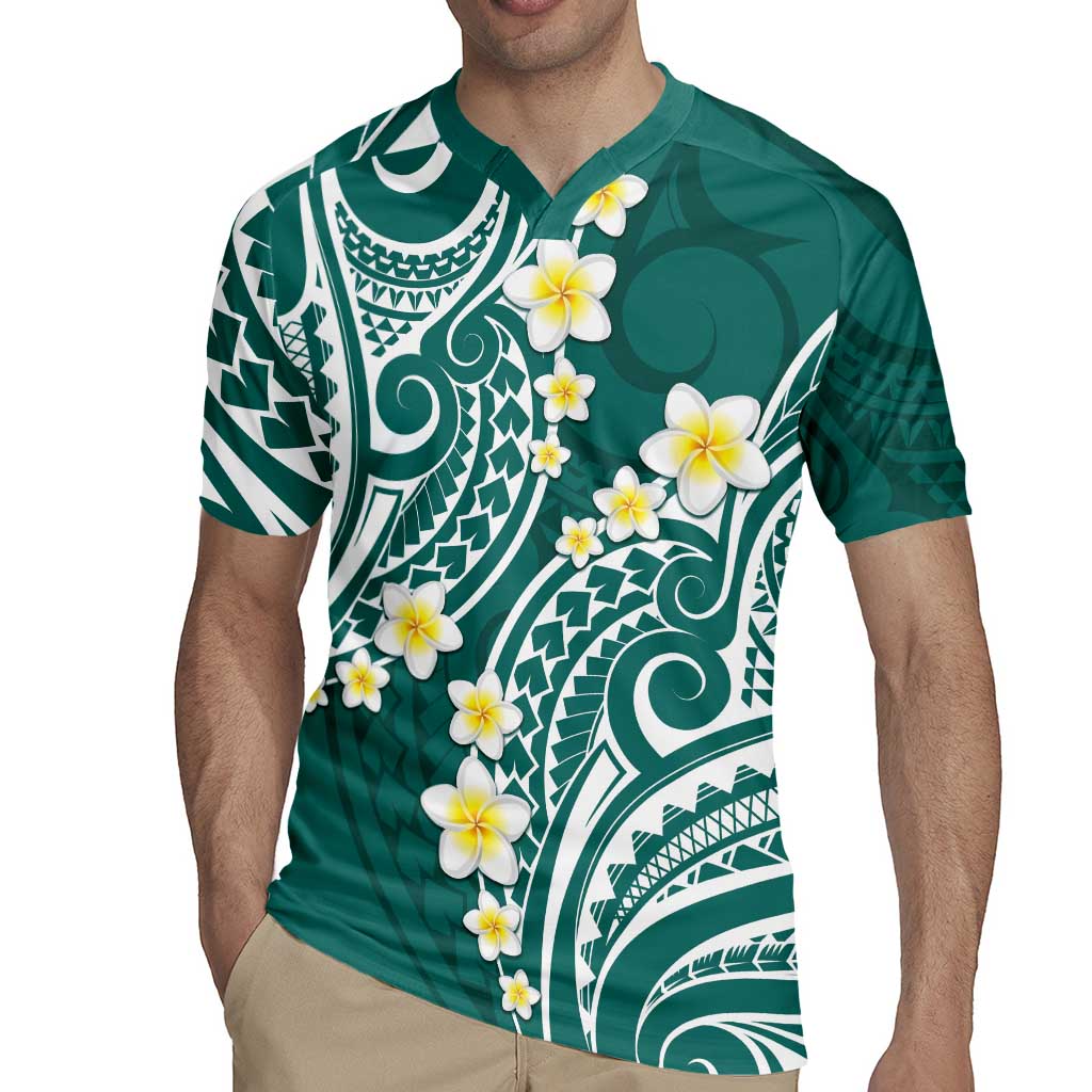 Plumeria With Teal Polynesian Tattoo Pattern Rugby Jersey