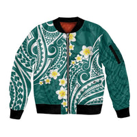 Plumeria With Teal Polynesian Tattoo Pattern Sleeve Zip Bomber Jacket LT05 Unisex Teal - Polynesian Pride