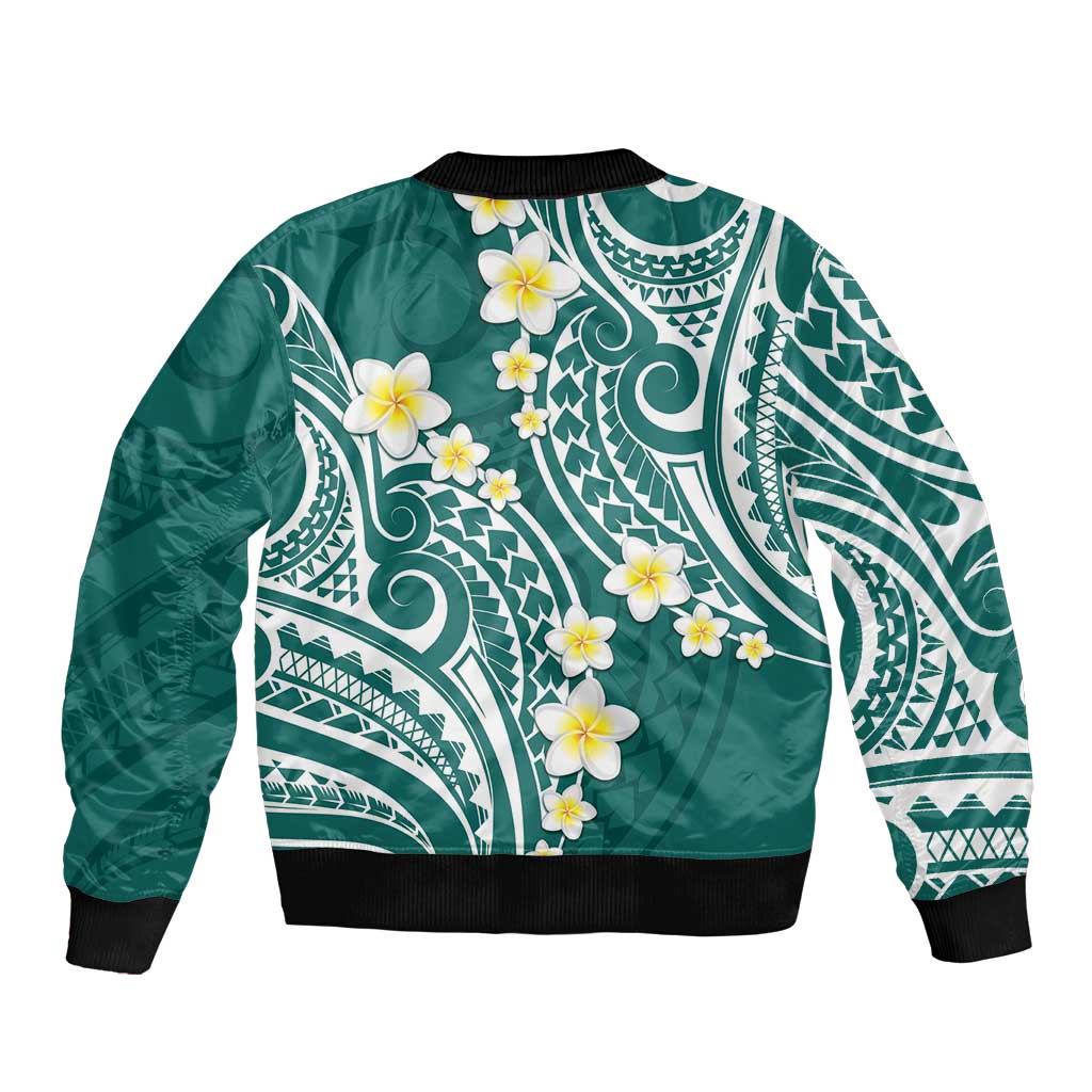 Plumeria With Teal Polynesian Tattoo Pattern Sleeve Zip Bomber Jacket LT05 - Polynesian Pride