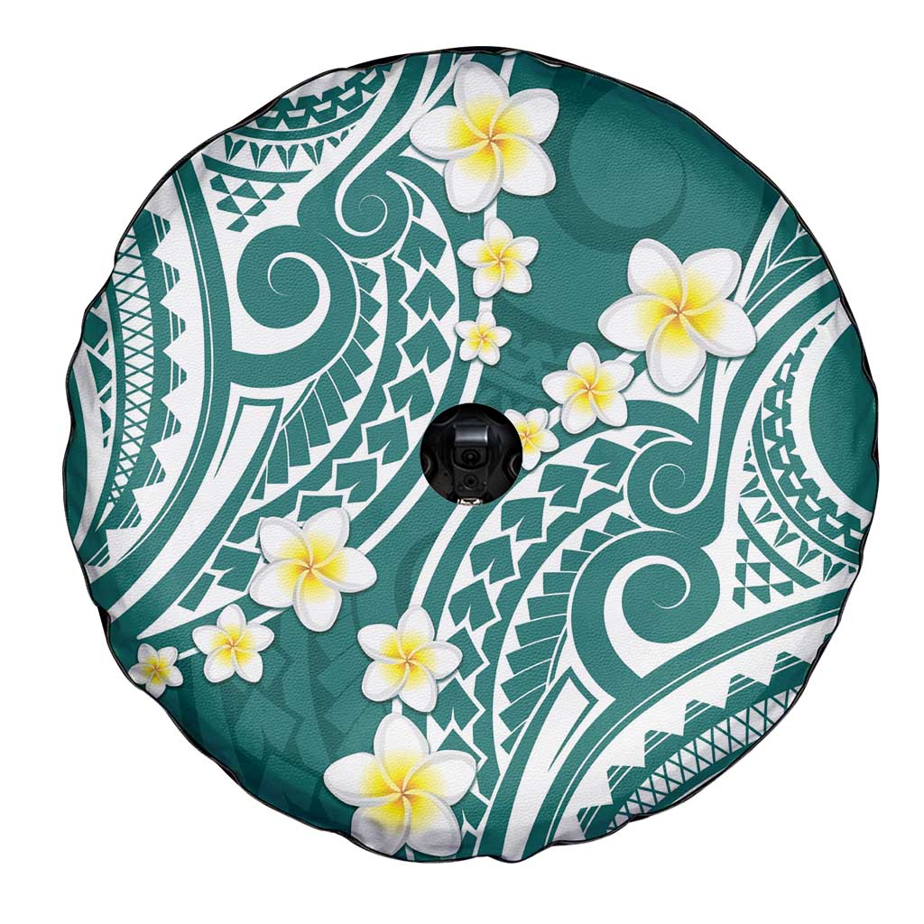 Plumeria With Teal Polynesian Tattoo Pattern Spare Tire Cover