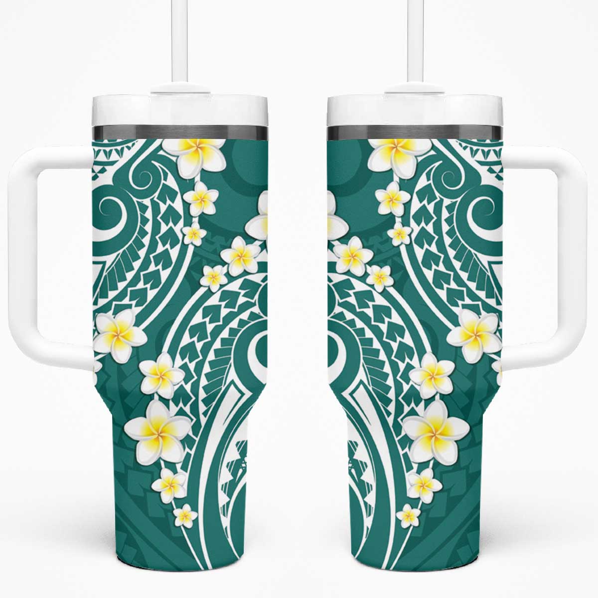 Plumeria With Teal Polynesian Tattoo Pattern Tumbler With Handle