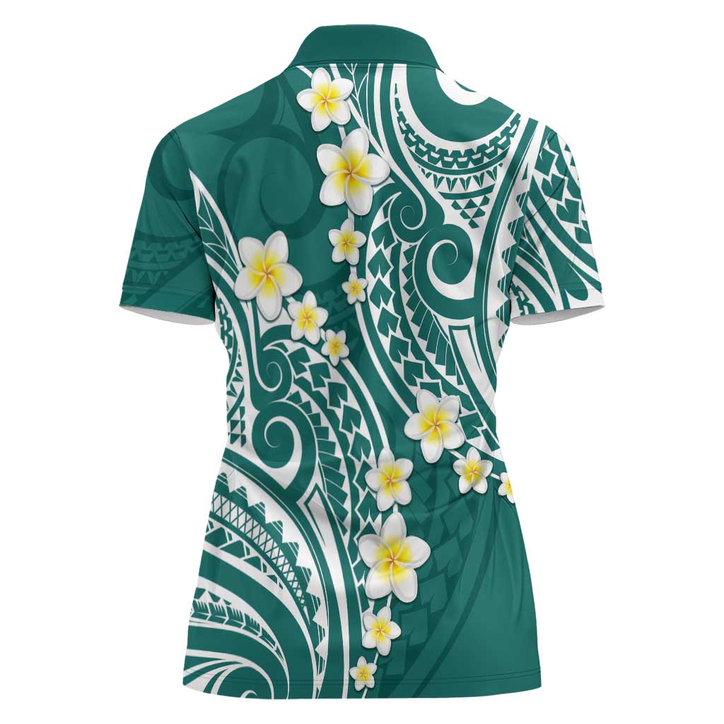 Plumeria With Teal Polynesian Tattoo Pattern Women Polo Shirt