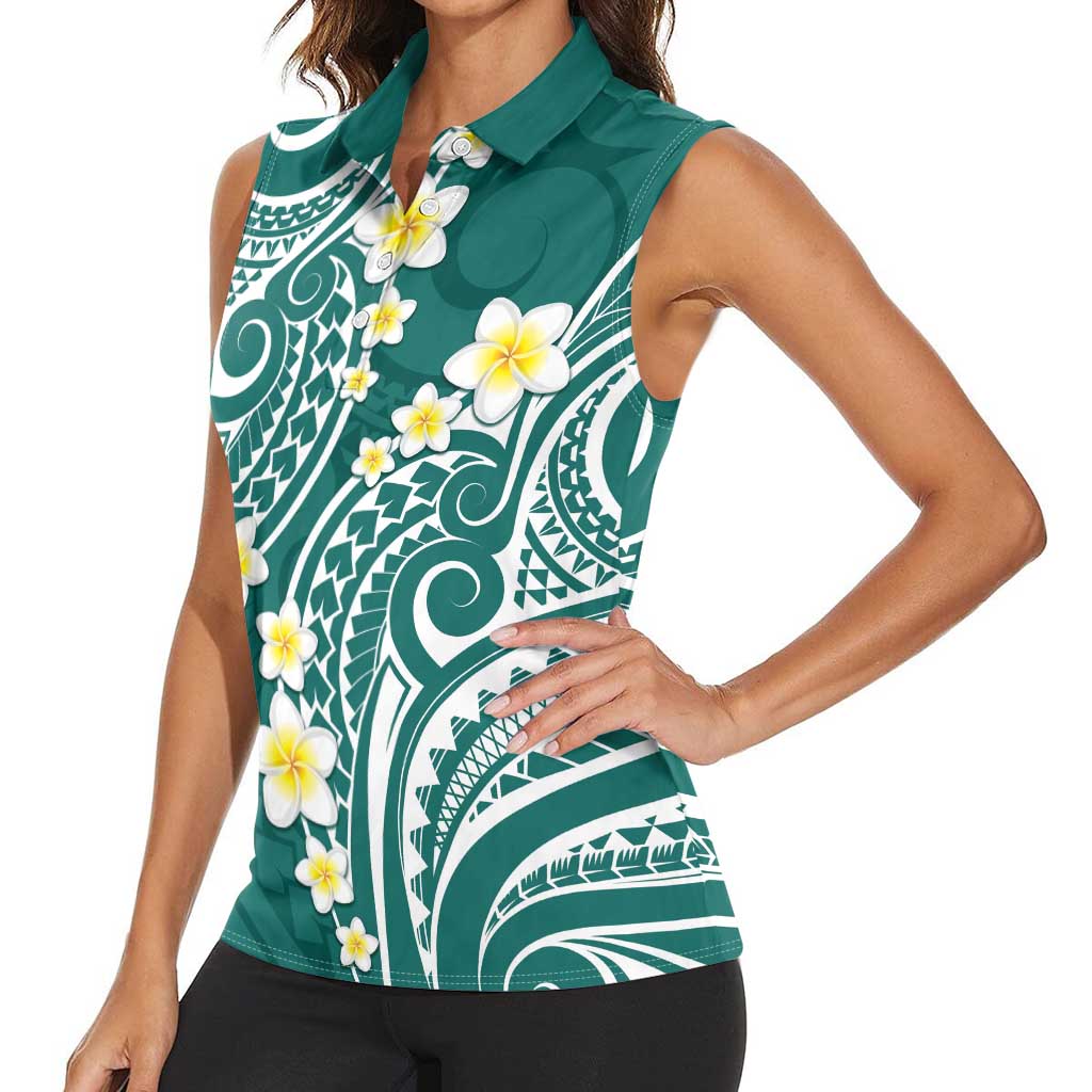 Plumeria With Teal Polynesian Tattoo Pattern Women Sleeveless Polo Shirt