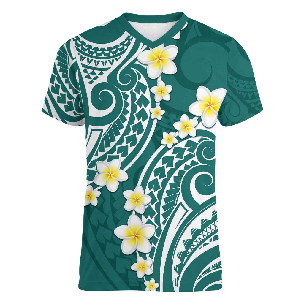 Plumeria With Teal Polynesian Tattoo Pattern Women V-Neck T-Shirt