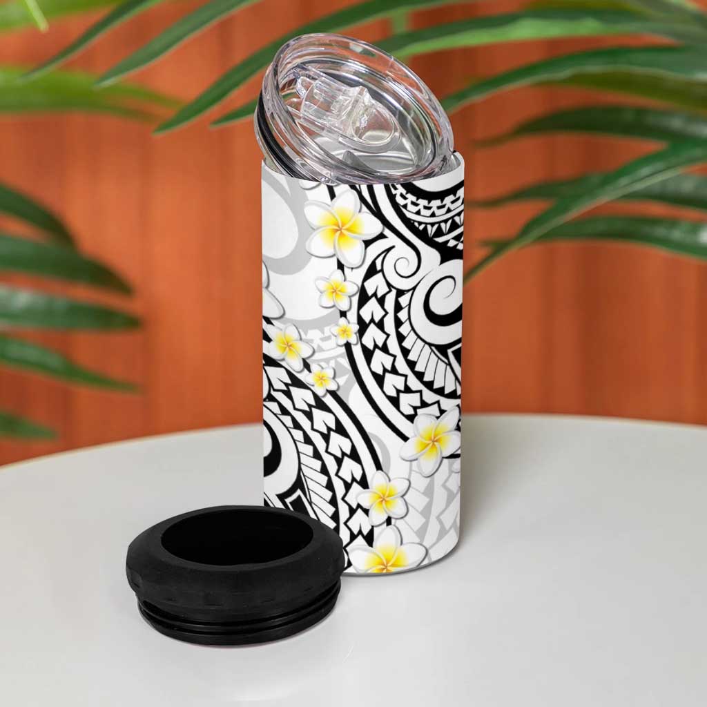 Plumeria With White Polynesian Tattoo Pattern 4 in 1 Can Cooler Tumbler