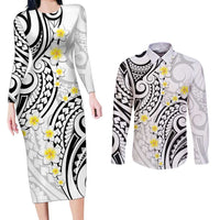 Plumeria With White Polynesian Tattoo Pattern Couples Matching Long Sleeve Bodycon Dress and Long Sleeve Button Shirt
