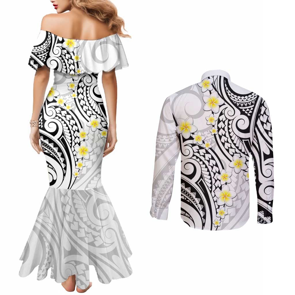 Plumeria With White Polynesian Tattoo Pattern Couples Matching Mermaid Dress and Long Sleeve Button Shirt LT05 - Polynesian Pride