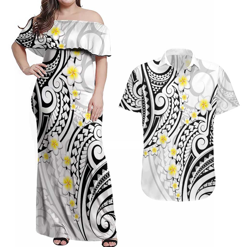 Plumeria With White Polynesian Tattoo Pattern Couples Matching Off Shoulder Maxi Dress and Hawaiian Shirt