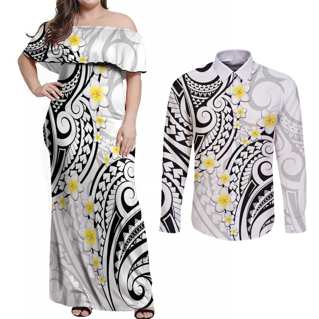 Plumeria With White Polynesian Tattoo Pattern Couples Matching Off Shoulder Maxi Dress and Long Sleeve Button Shirt