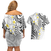 Plumeria With White Polynesian Tattoo Pattern Couples Matching Off Shoulder Short Dress and Hawaiian Shirt