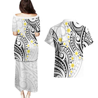 Plumeria With White Polynesian Tattoo Pattern Couples Matching Puletasi and Hawaiian Shirt