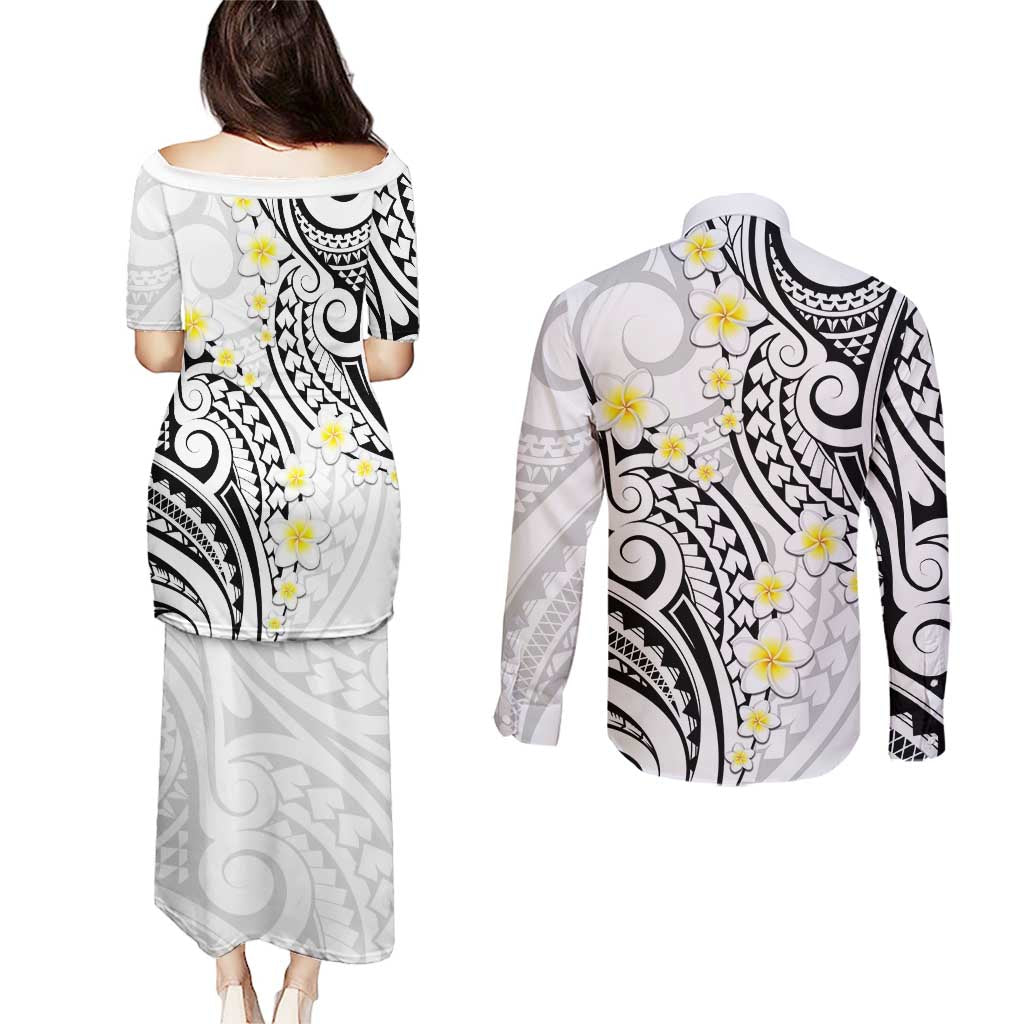 Plumeria With White Polynesian Tattoo Pattern Couples Matching Puletasi and Long Sleeve Button Shirt