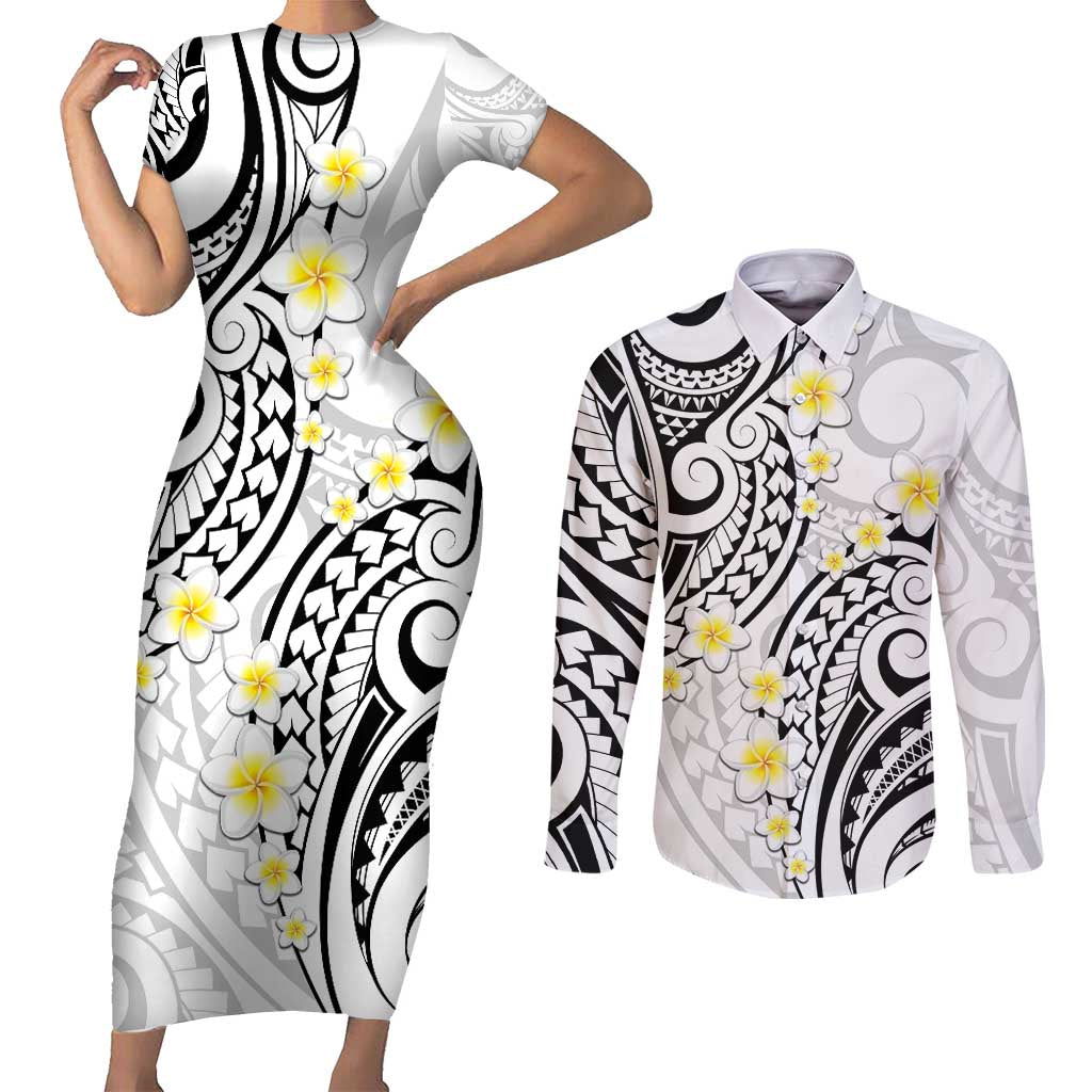 Plumeria With White Polynesian Tattoo Pattern Couples Matching Short Sleeve Bodycon Dress and Long Sleeve Button Shirt