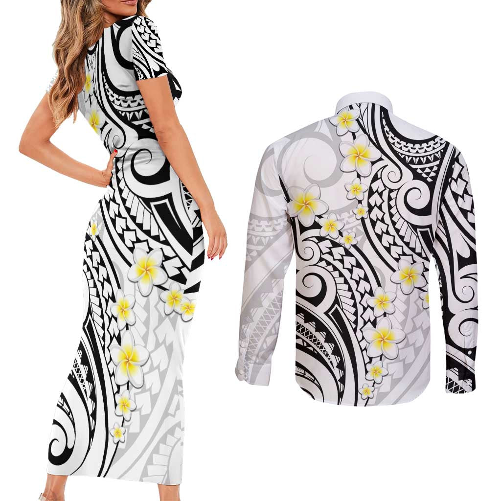 Plumeria With White Polynesian Tattoo Pattern Couples Matching Short Sleeve Bodycon Dress and Long Sleeve Button Shirt