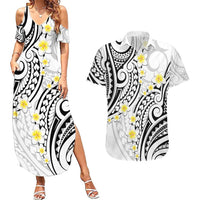 Plumeria With White Polynesian Tattoo Pattern Couples Matching Summer Maxi Dress and Hawaiian Shirt