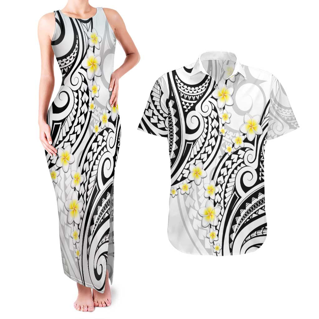 Plumeria With White Polynesian Tattoo Pattern Couples Matching Tank Maxi Dress and Hawaiian Shirt