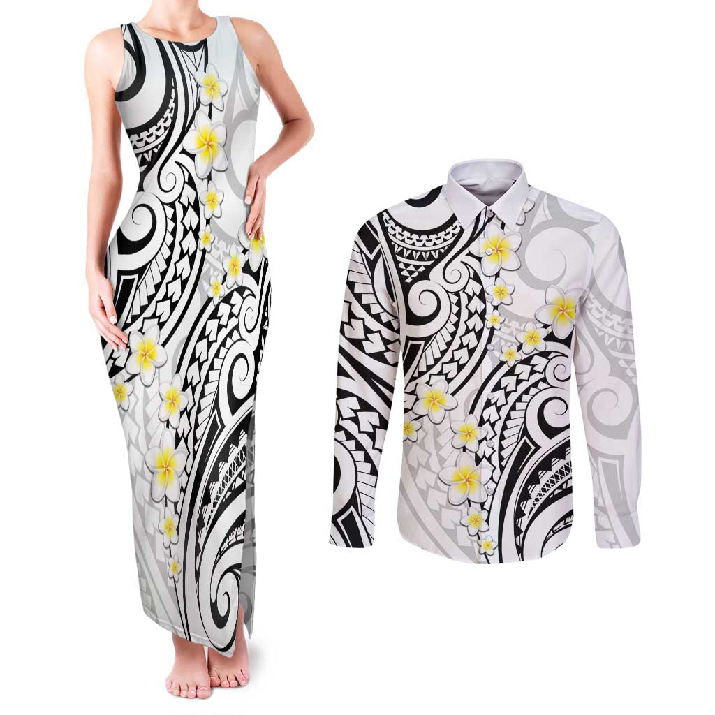Plumeria With White Polynesian Tattoo Pattern Couples Matching Tank Maxi Dress and Long Sleeve Button Shirt