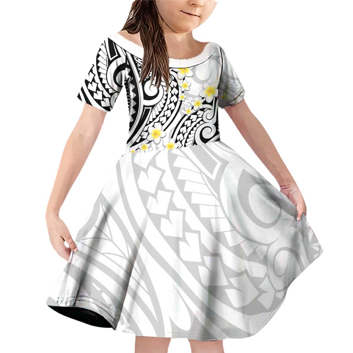Plumeria With White Polynesian Tattoo Pattern Family Matching Off Shoulder Short Dress and Hawaiian Shirt