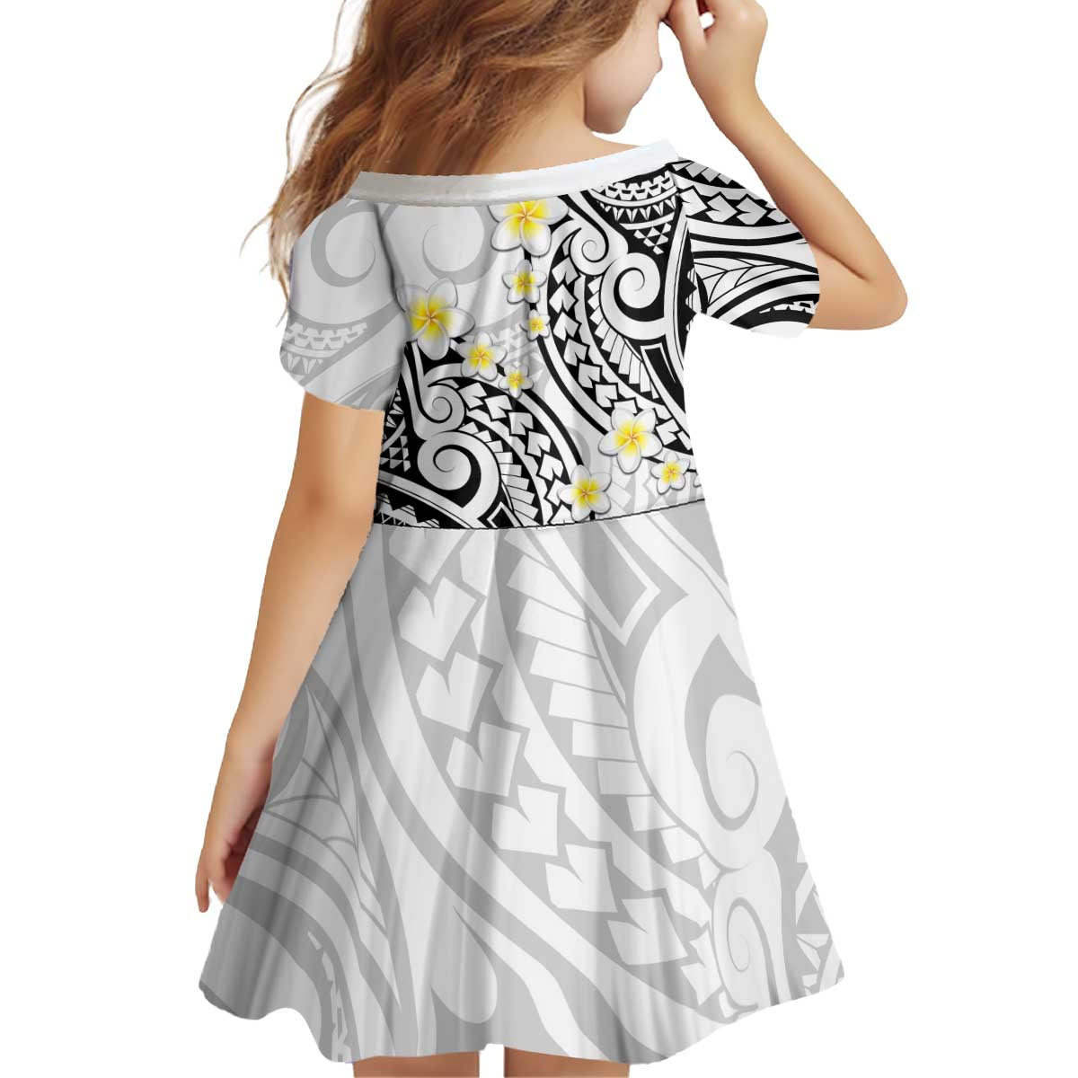 Plumeria With White Polynesian Tattoo Pattern Family Matching Off Shoulder Short Dress and Hawaiian Shirt