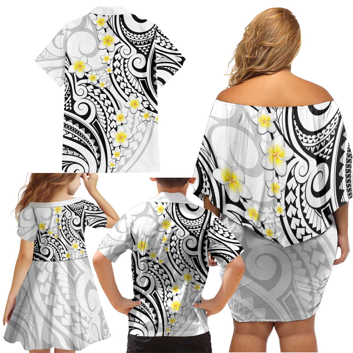 Plumeria With White Polynesian Tattoo Pattern Family Matching Off Shoulder Short Dress and Hawaiian Shirt
