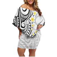 Plumeria With White Polynesian Tattoo Pattern Family Matching Off Shoulder Short Dress and Hawaiian Shirt