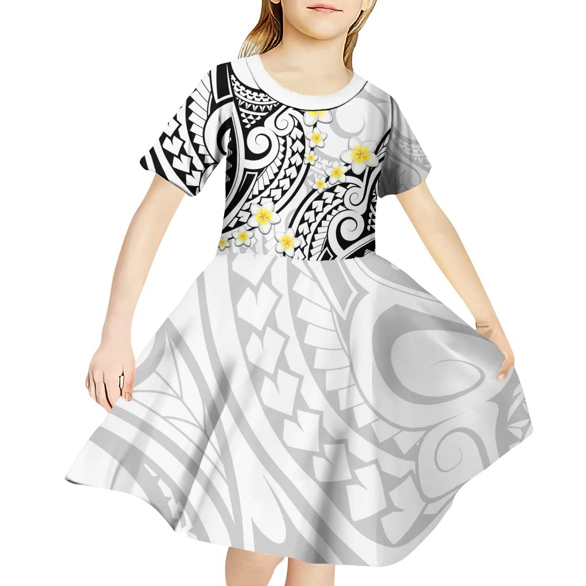 Plumeria With White Polynesian Tattoo Pattern Kid Short Sleeve Dress