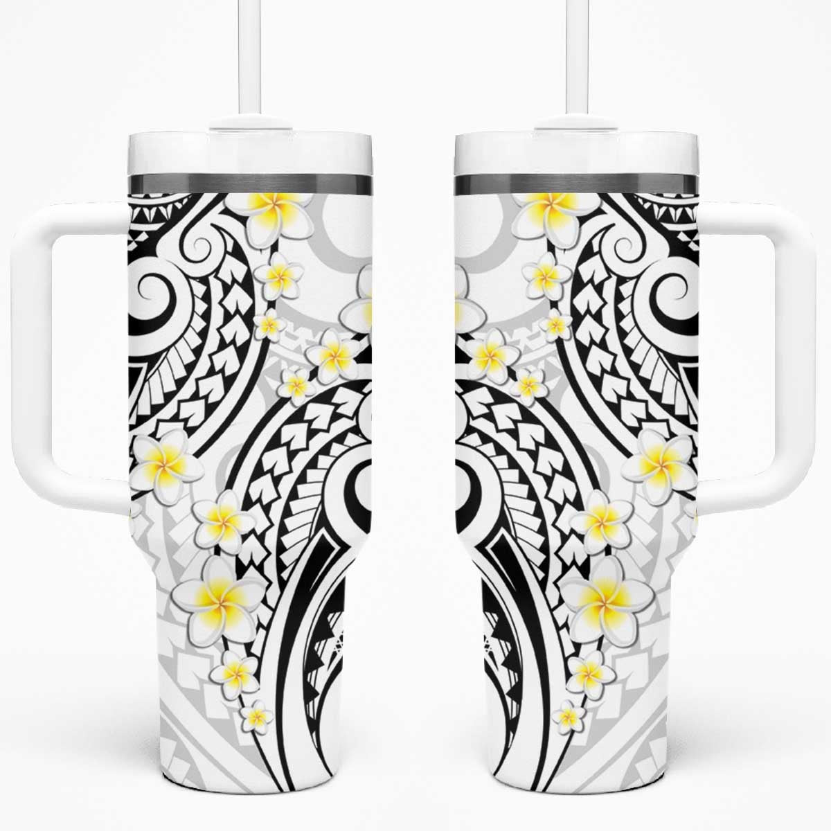 Plumeria With White Polynesian Tattoo Pattern Tumbler With Handle