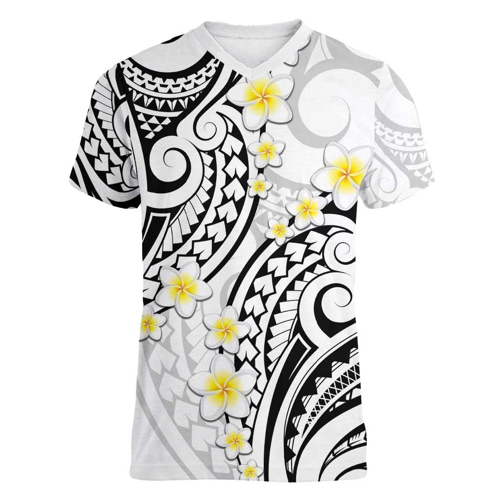 Plumeria With White Polynesian Tattoo Pattern Women V-Neck T-Shirt