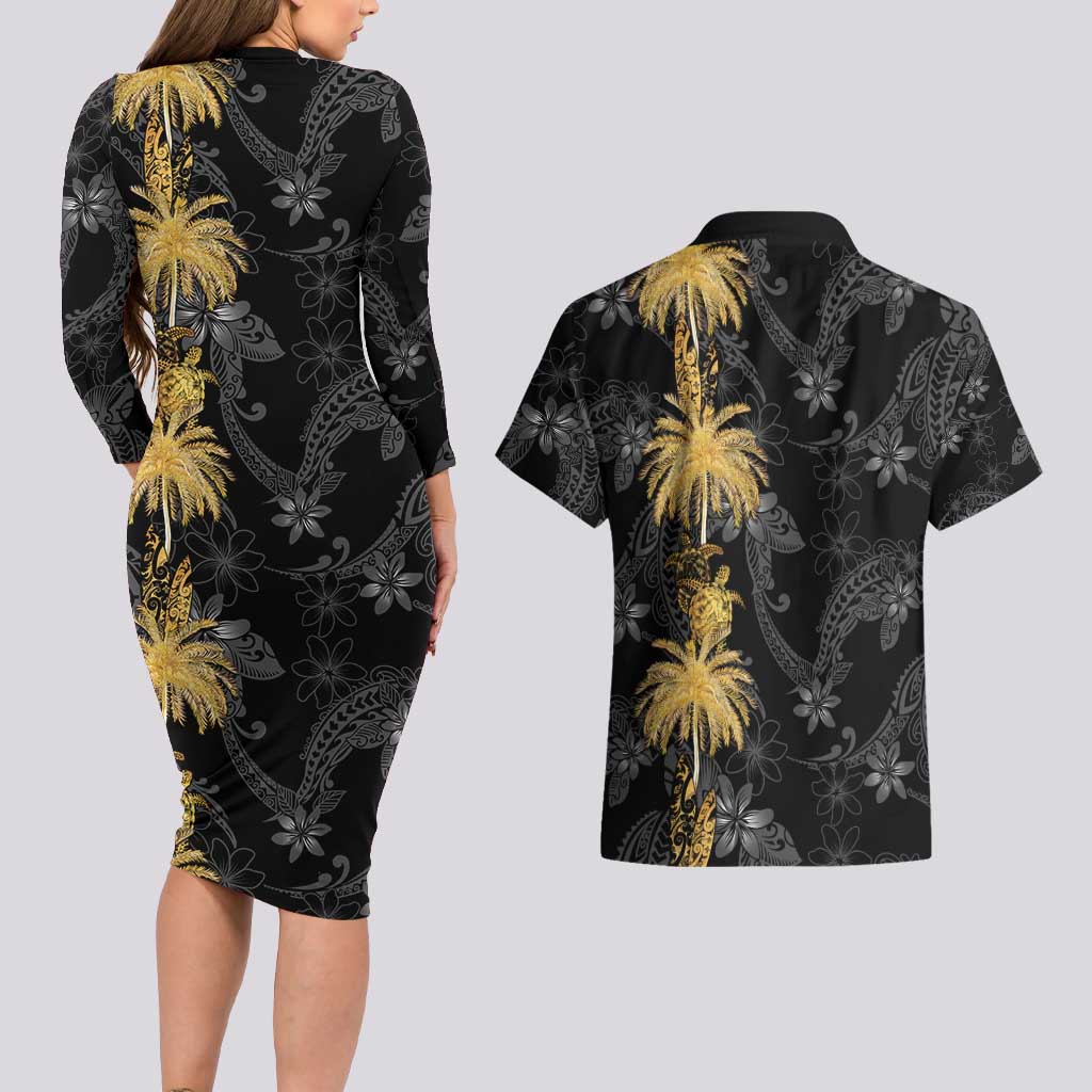 Hawaiian Honu And Surfboards Couples Matching Long Sleeve Bodycon Dress and Hawaiian Shirt Gold Style - Polynesian Pride