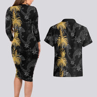 Hawaiian Honu And Surfboards Couples Matching Long Sleeve Bodycon Dress and Hawaiian Shirt Gold Style - Polynesian Pride