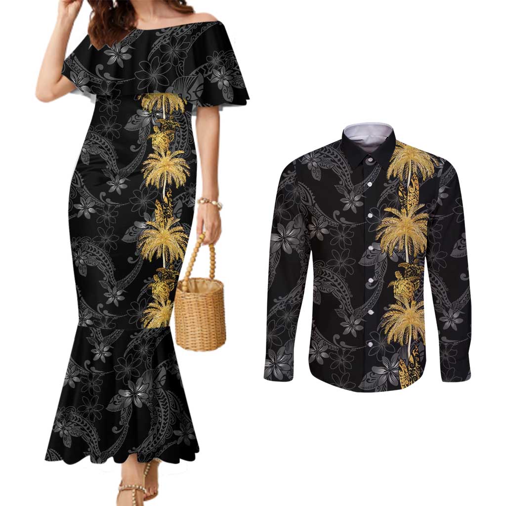 Hawaiian Honu And Surfboards Couples Matching Mermaid Dress and Long Sleeve Button Shirt Gold Style - Polynesian Pride