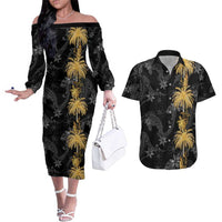 Hawaiian Honu And Surfboards Couples Matching Off The Shoulder Long Sleeve Dress and Hawaiian Shirt Gold Style - Polynesian Pride