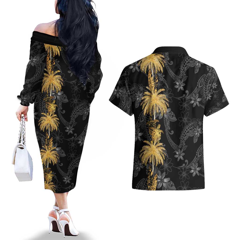 Hawaiian Honu And Surfboards Couples Matching Off The Shoulder Long Sleeve Dress and Hawaiian Shirt Gold Style - Polynesian Pride
