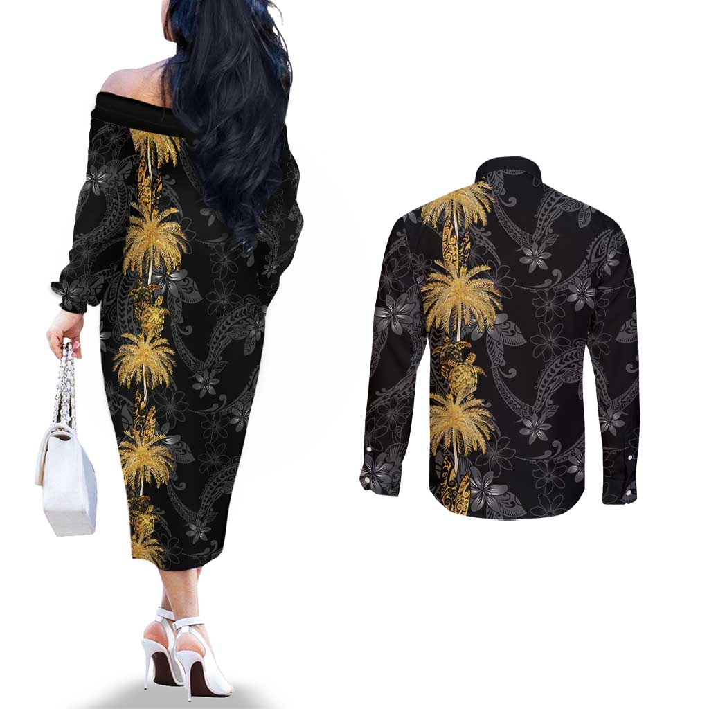 Hawaiian Honu And Surfboards Couples Matching Off The Shoulder Long Sleeve Dress and Long Sleeve Button Shirt Gold Style - Polynesian Pride
