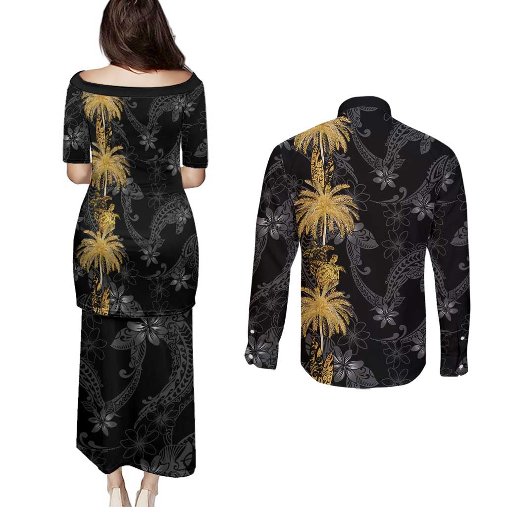 Hawaiian Honu And Surfboards Couples Matching Puletasi and Long Sleeve Button Shirt Gold Style - Polynesian Pride