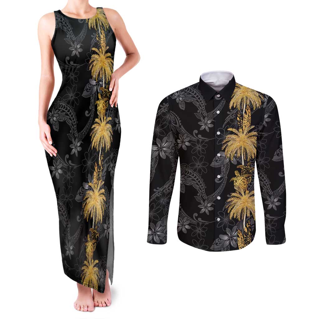 Hawaiian Honu And Surfboards Couples Matching Tank Maxi Dress and Long Sleeve Button Shirt Gold Style - Polynesian Pride