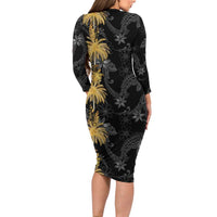 Hawaiian Honu And Surfboards Family Matching Long Sleeve Bodycon Dress and Hawaiian Shirt Gold Style - Polynesian Pride