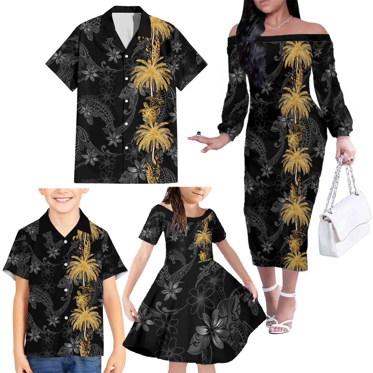 Hawaiian Honu And Surfboards Family Matching Off The Shoulder Long Sleeve Dress and Hawaiian Shirt Gold Style - Polynesian Pride