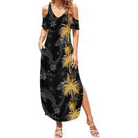 Hawaiian Honu And Surfboards Family Matching Summer Maxi Dress and Hawaiian Shirt Gold Style LT05 Mom's Dress Gold - Polynesian Pride