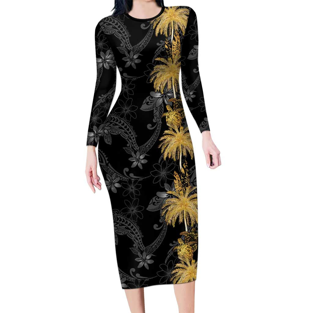 Hawaiian Honu And Surfboards Long Sleeve Bodycon Dress Gold Style - Polynesian Pride