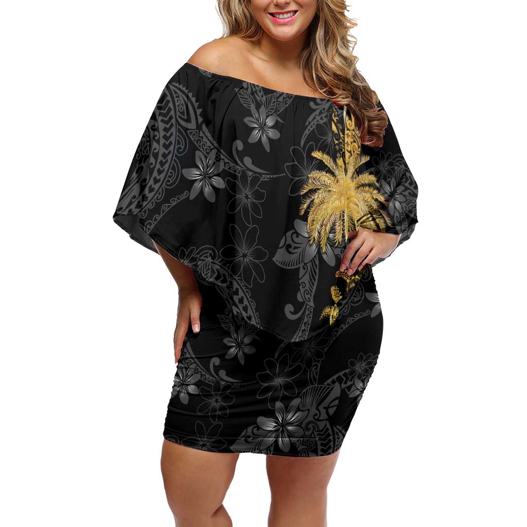 Hawaiian Honu And Surfboards Off Shoulder Short Dress Gold Style - Polynesian Pride