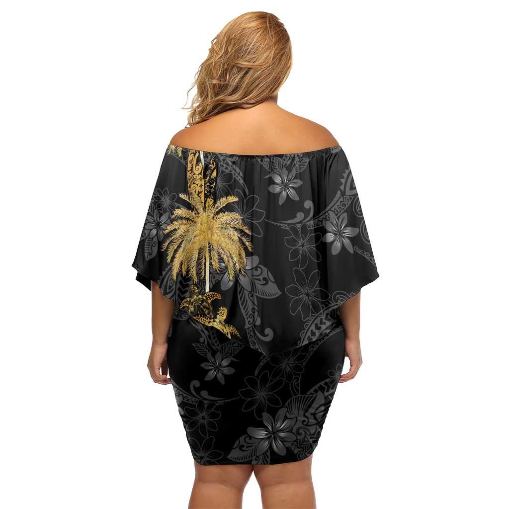 Hawaiian Honu And Surfboards Off Shoulder Short Dress Gold Style - Polynesian Pride