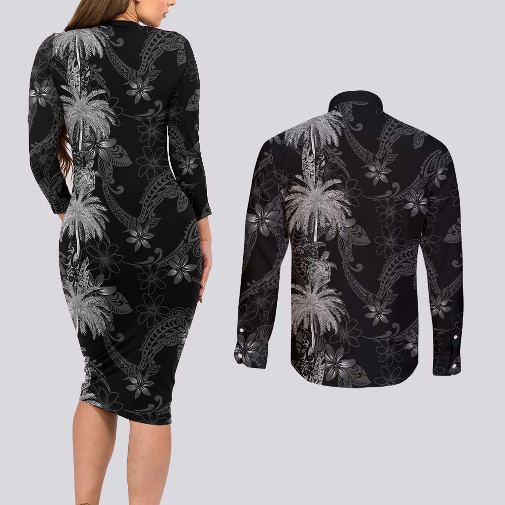 Hawaiian Honu And Surfboards Couples Matching Long Sleeve Bodycon Dress and Long Sleeve Button Shirt Silver Style - Polynesian Pride