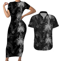 Hawaiian Honu And Surfboards Couples Matching Short Sleeve Bodycon Dress and Hawaiian Shirt Silver Style - Polynesian Pride